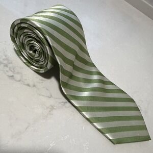 Silk Repp Tie Green White Striped 100% Silk 59"X3.5"